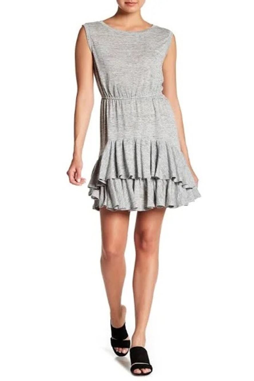 Rebecca Taylor Ruffle Linen A-Line Tiered Dress L Euro Summer Gray Minimalist